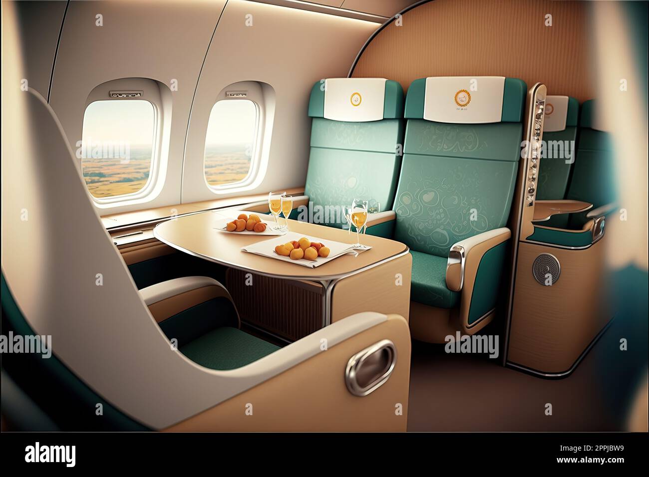 First class seats inside a Boeing 747-8 jumbo jet airplane from the German airline Stock Photo