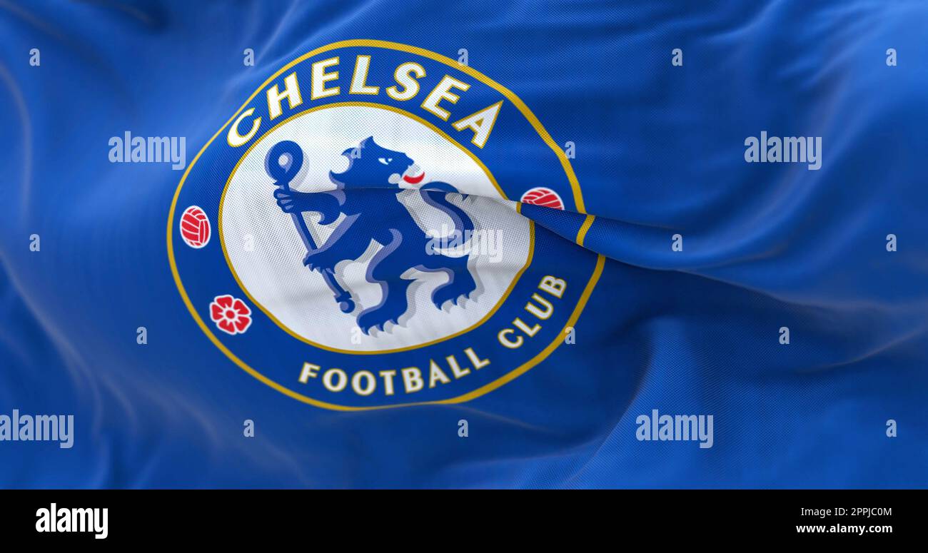 Close-up of the Chelsea Football Club flag waving Stock Photo