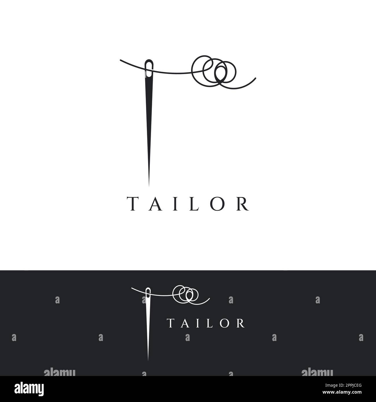 Tailor silhouette logo with needle, thread, benik and sewing machine