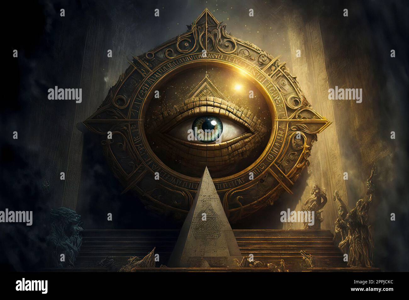 Esoteric Background with an All Seeing Eye Gate and a Pyramid Stock Photo