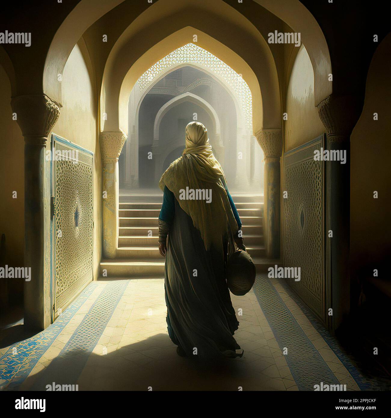 Woman with a White Scarf and Wide, Long Robe Walking Down a Hallway in a Mosque Stock Photo