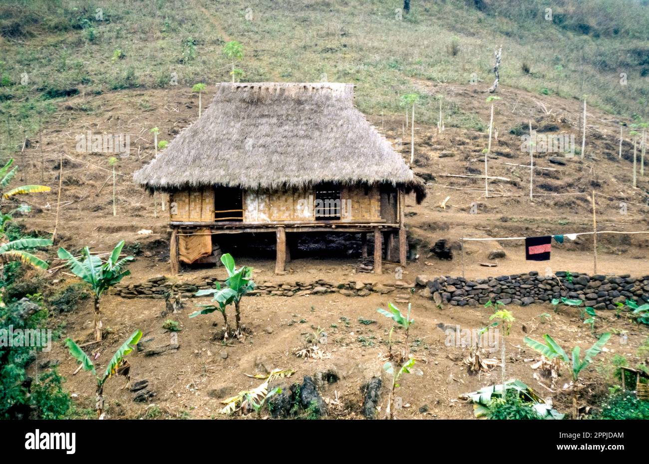 Scanned slide of a historical color photograph of pile dwellings in a ...