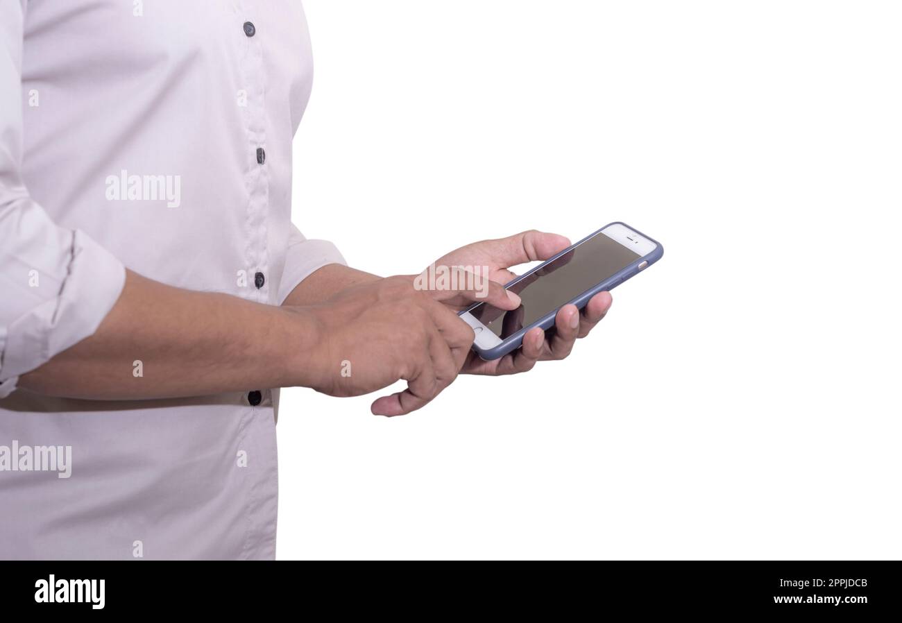 Business man using smartphone mobile on blurred background Stock Photo