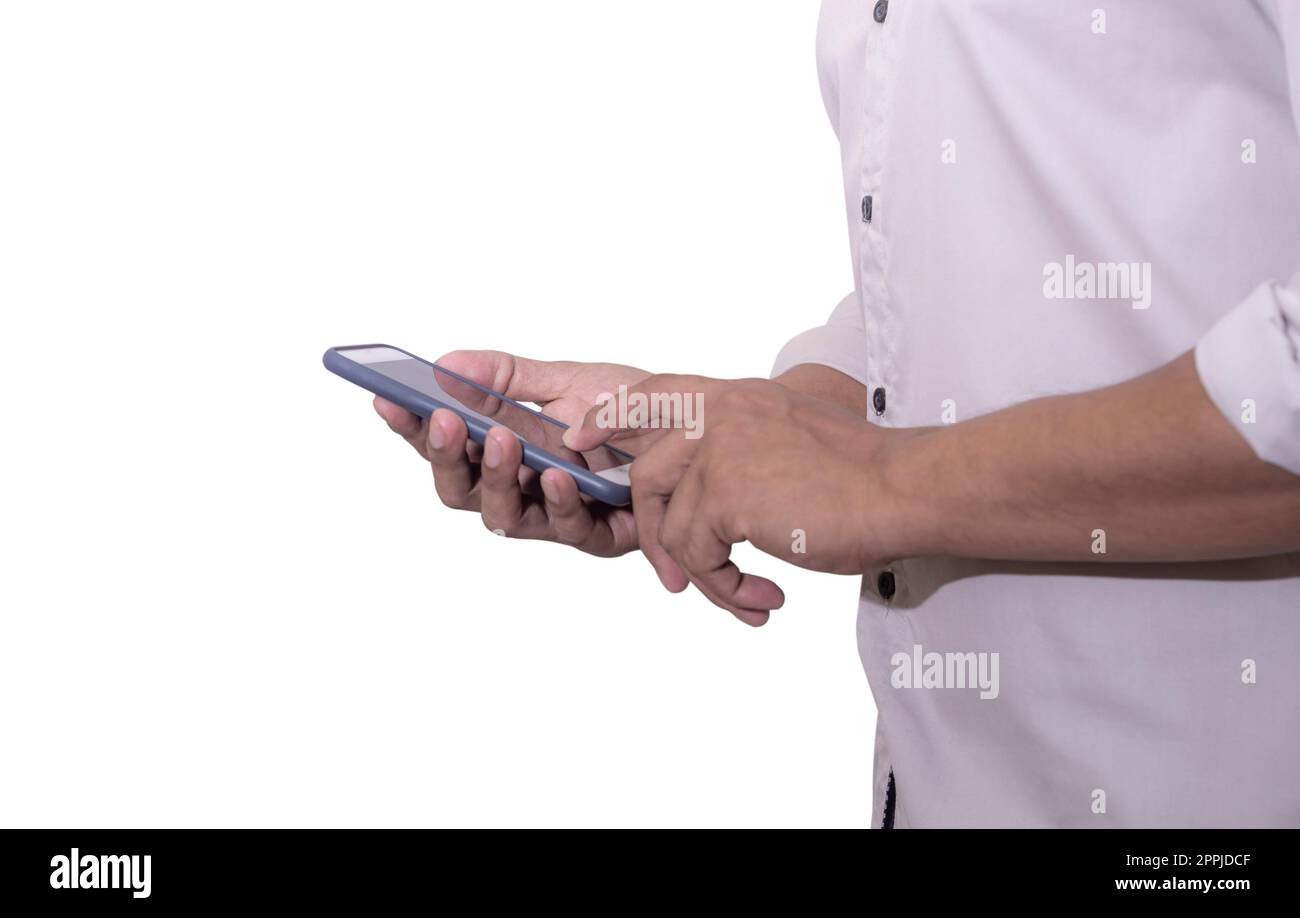 Business man using smartphone mobile on blurred background Stock Photo