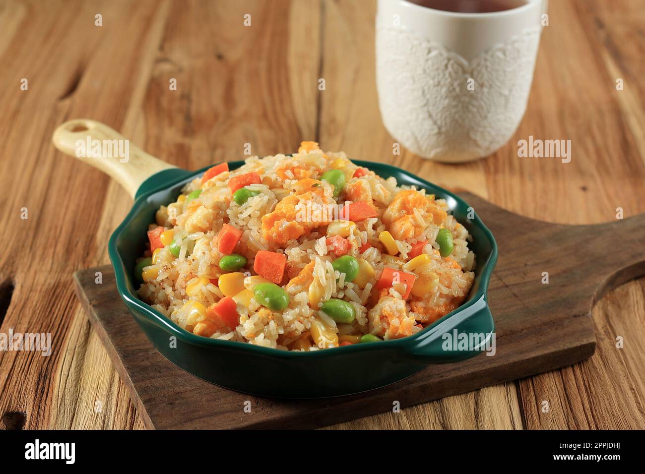 Yangzhou Fried Rice with Egg, Carrot, Sweet Corn, Edamame.  Authentic Asia Chinese China Food uisine. Stock Photo