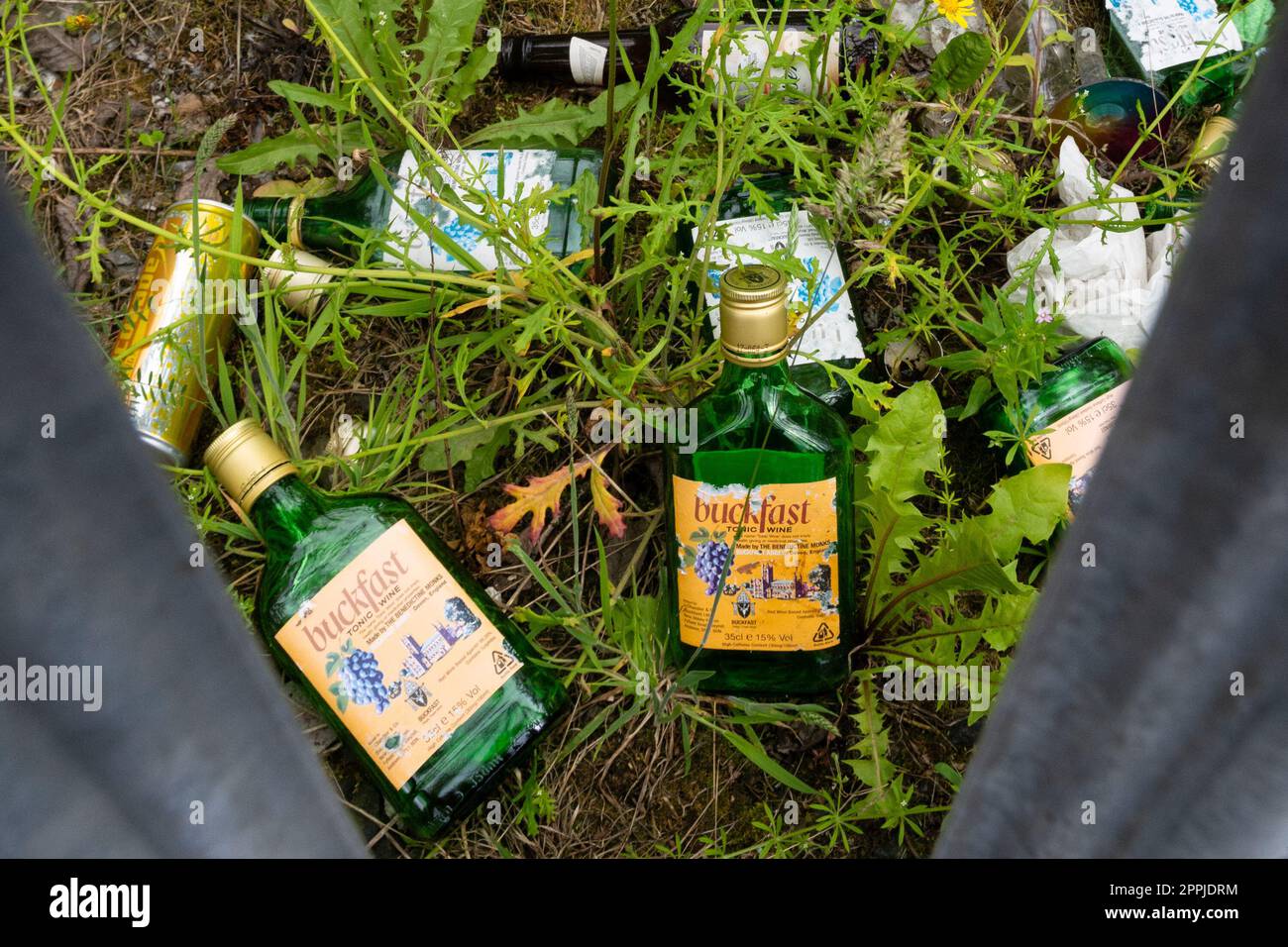 Scotland alcohol problems - empty buckfast bottles thrown onto wasteland through security fencing - Glasgow, Scotland, UK Stock Photo