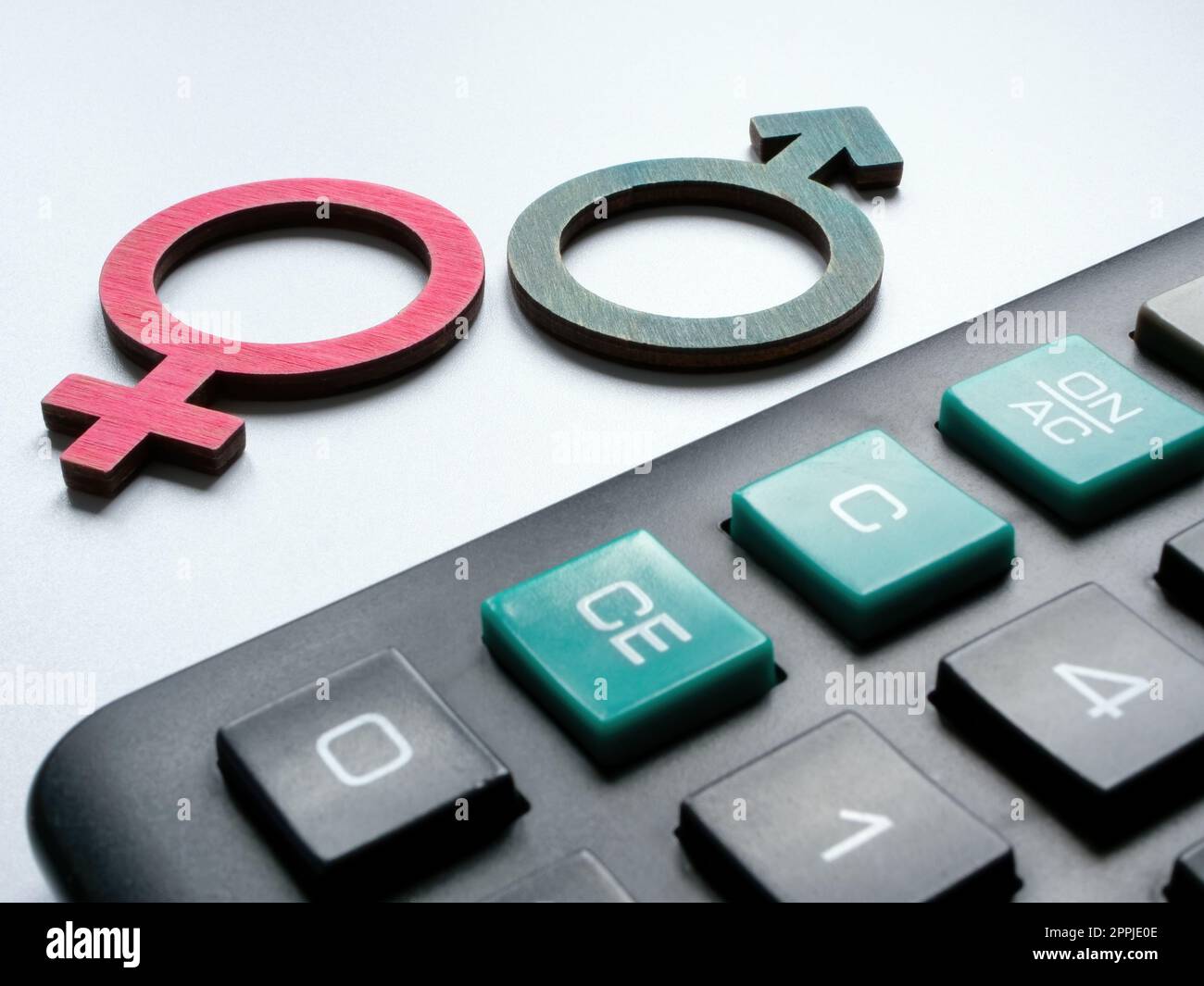 Gender pay gap concept. Male and female signs next to the calculator