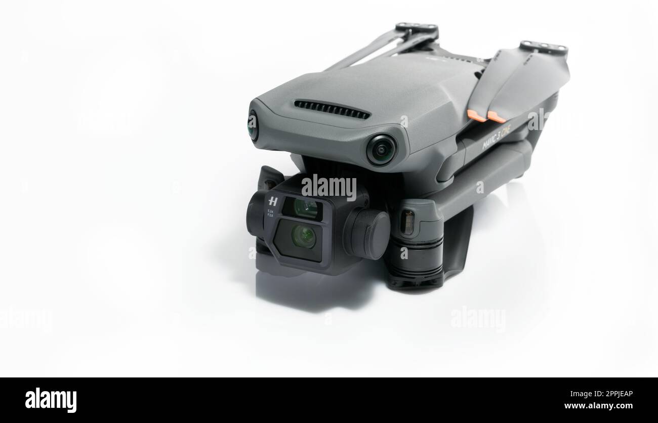CHONBURI, THAILAND-OCTOBER 31, 2022: DJI Mavic 3 Cine drone on white background. UAV or unmanned aerial vehicle. Quadcopter drone aircraft with digital camera. Modern remote control aerial drone. Stock Photo