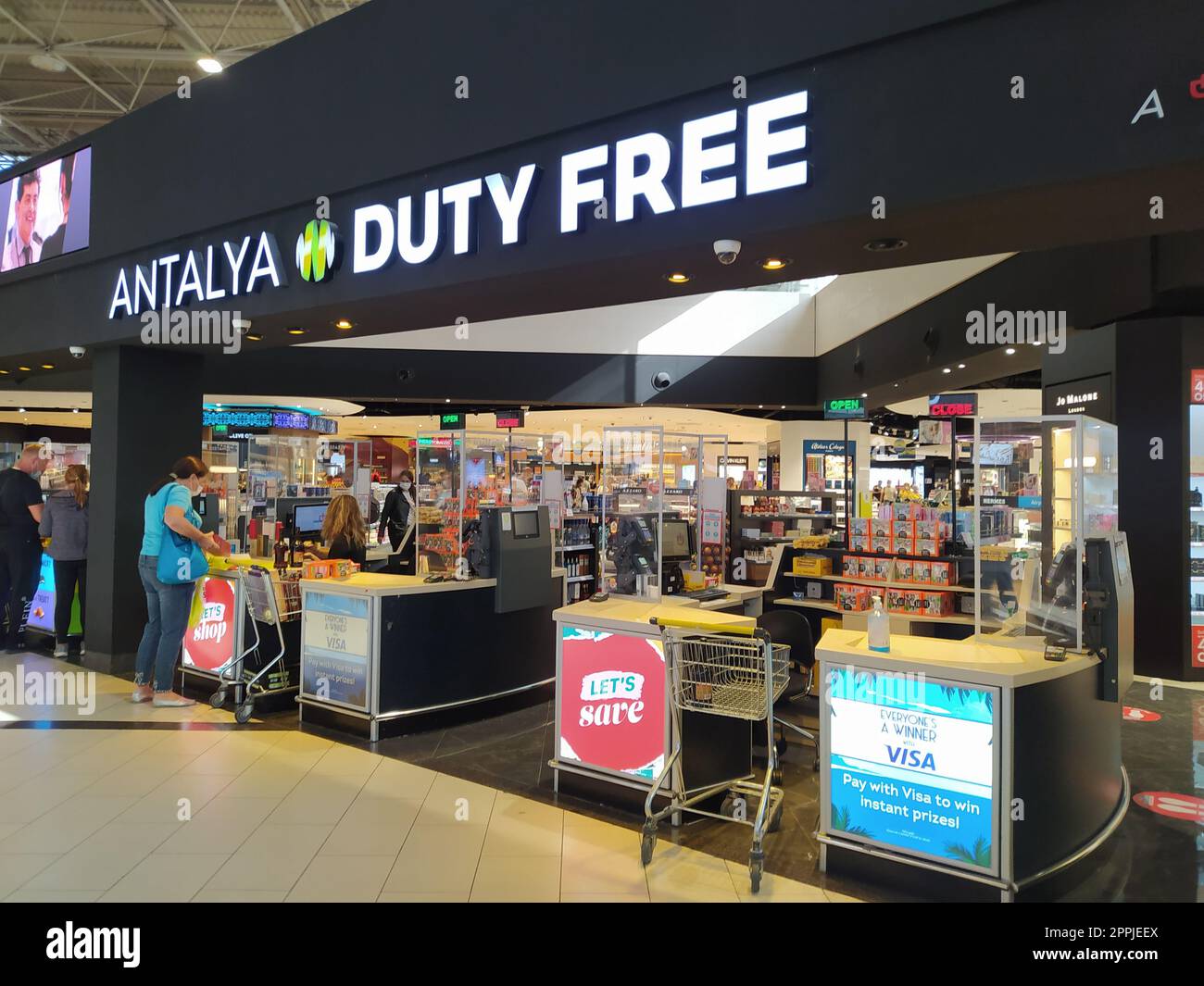 Antalya, Turkey - May 11, 2021: People seen at a Duty free shop at Antalay International Airport. Stock Photo