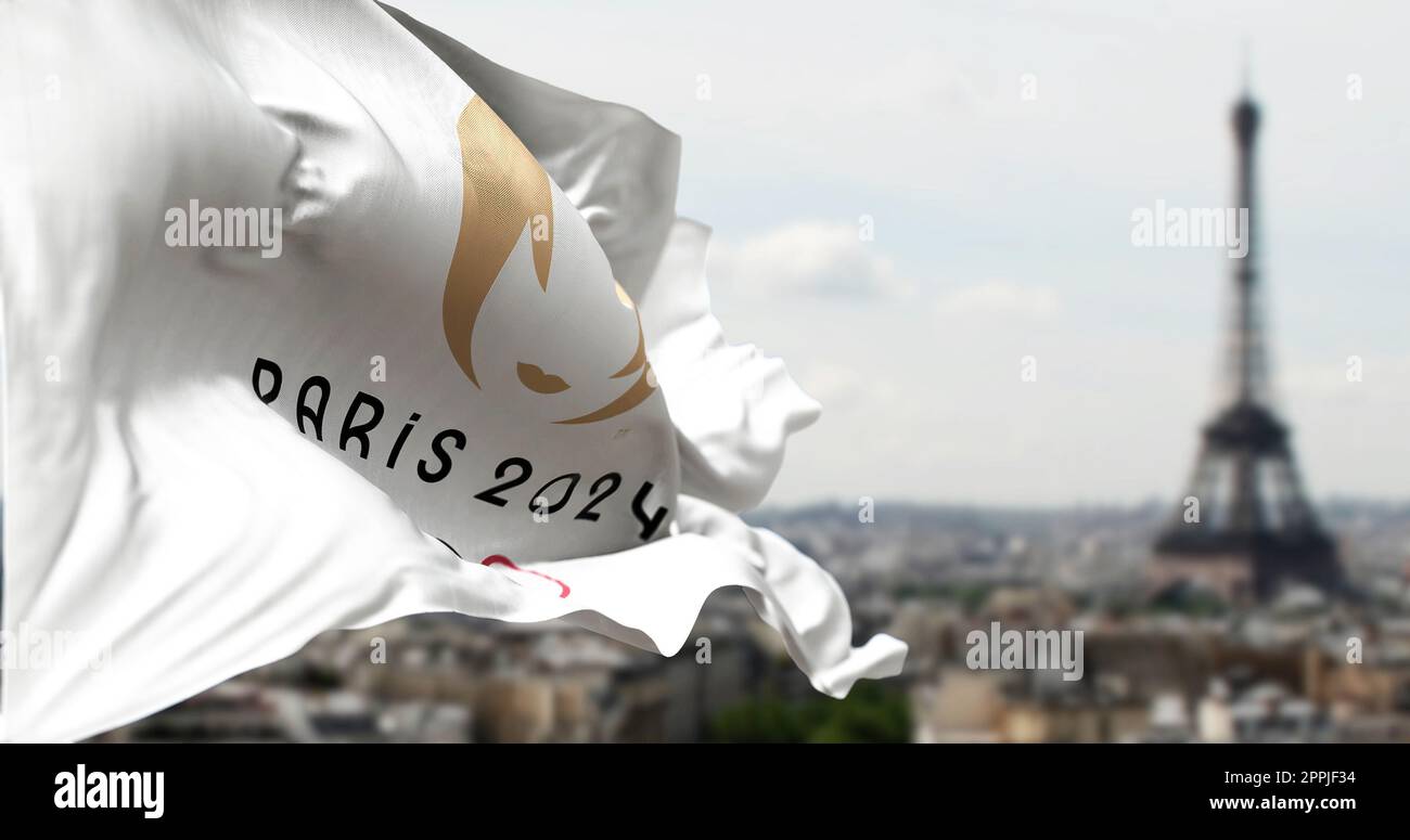 Closeup view of the Paris 2024 Summer Olympics flag waving in the wind