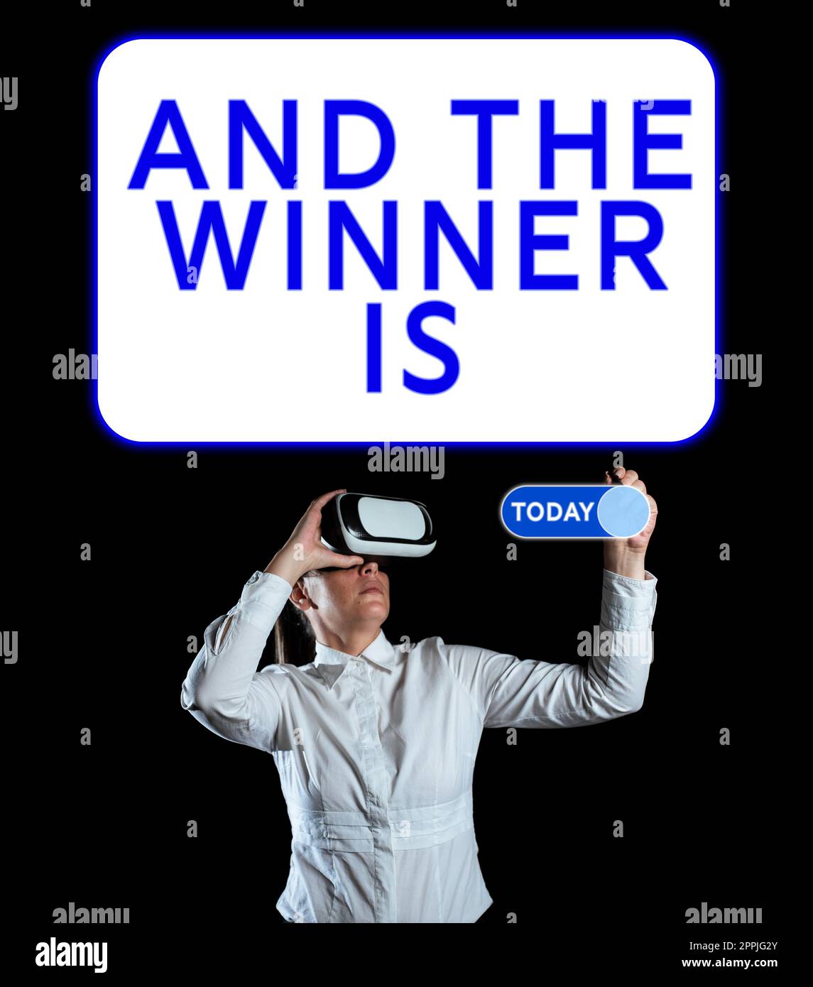 Text sign showing And The Winner Is. Business showcase written spoken results of short quiz or exam on the internet Stock Photo
