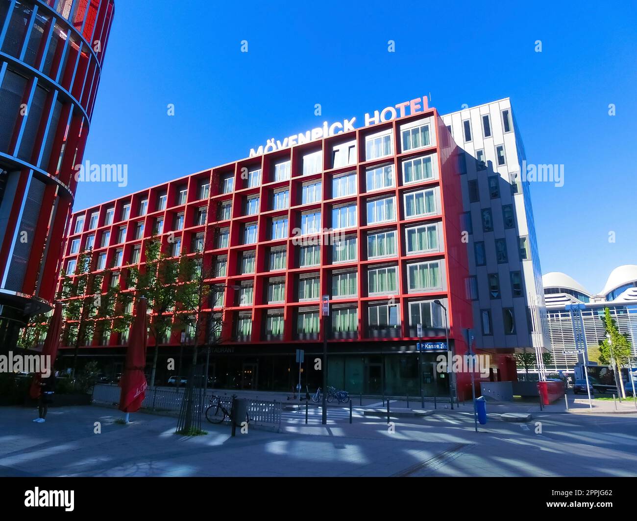 Frankfurt am Main, Germany - May 10, 2022: The silver-red reflective