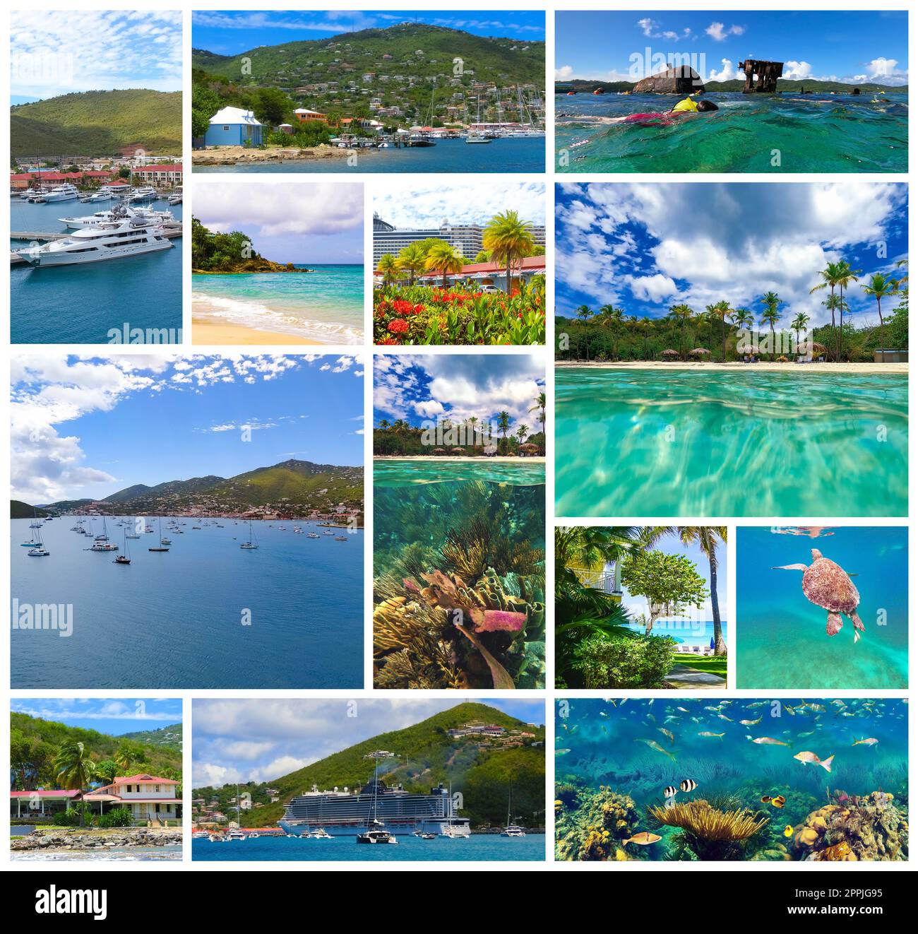 St. Thomas, USVI. View of green coastline at one of the US Virgin Islands. Collge of views of the island and coral reef Stock Photo