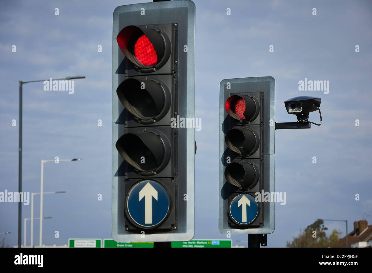 Ultra Low Emission Zone (ULEZ) cameras at Henlys Corner, A406 North Circular Road, North London. Stock Photo