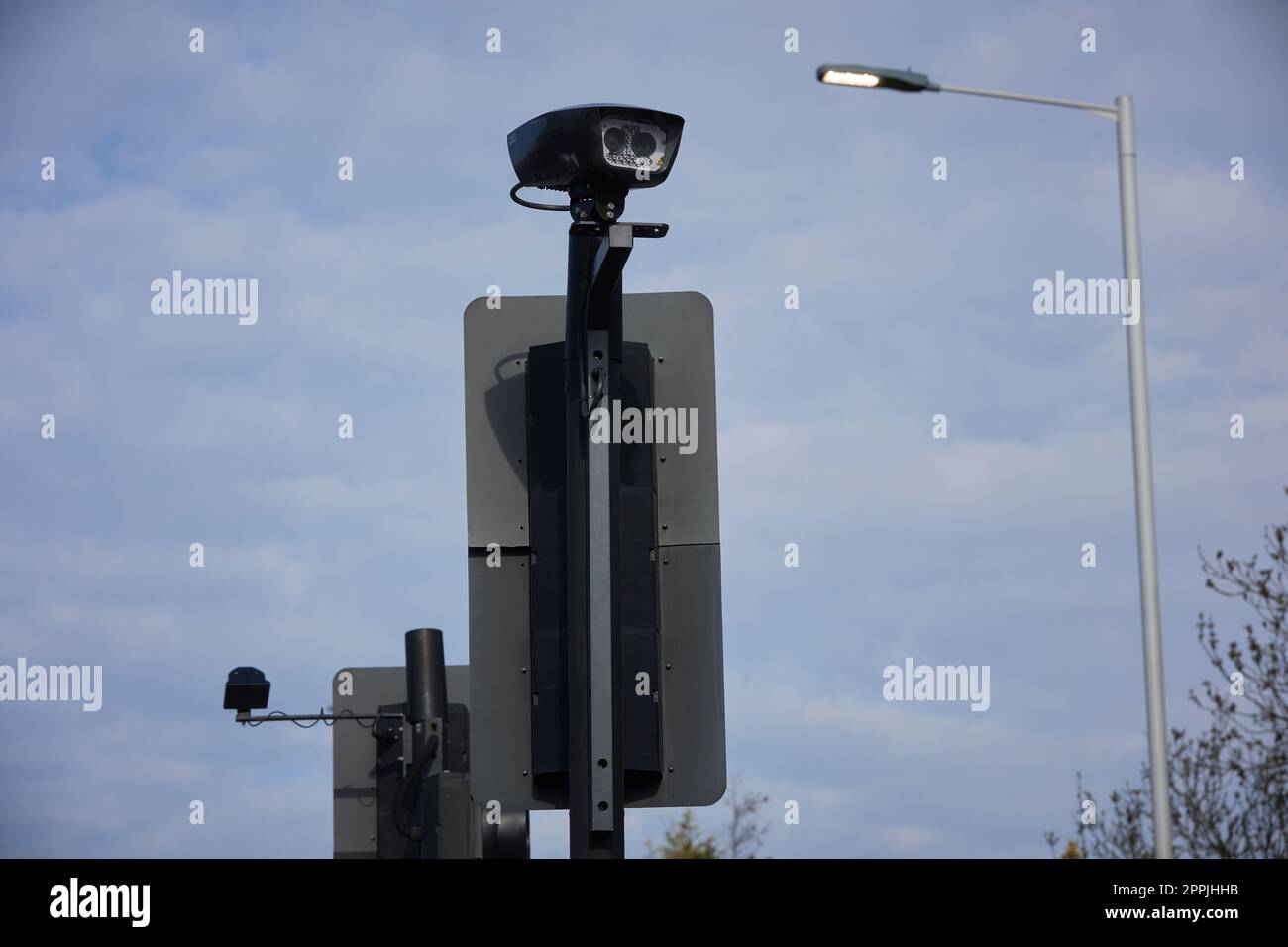 Ultra Low Emission Zone (ULEZ) cameras at Henlys Corner, A406 North Circular Road, North London. Stock Photo