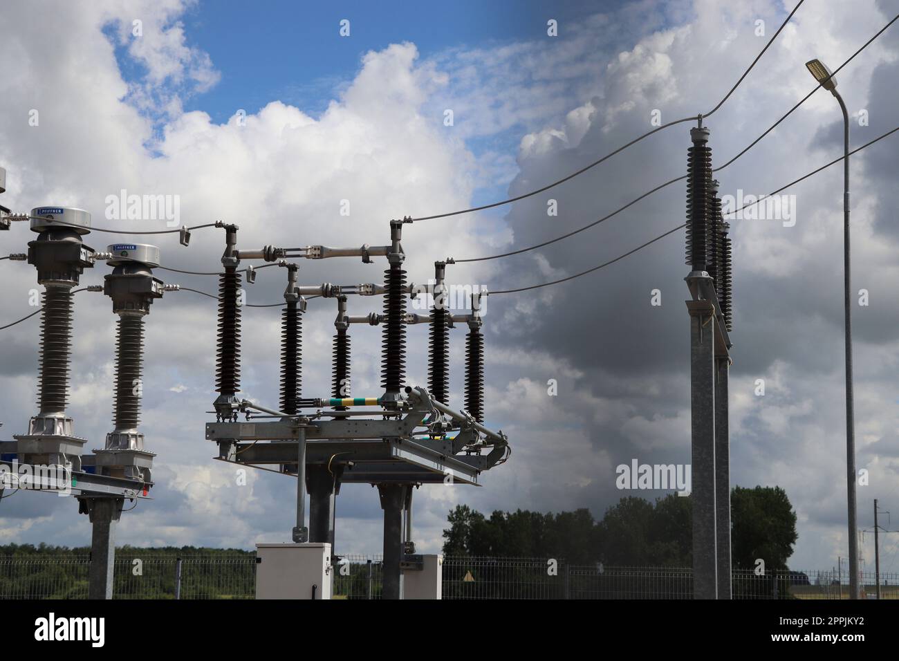 High voltage power transformer substation Stock Photo
