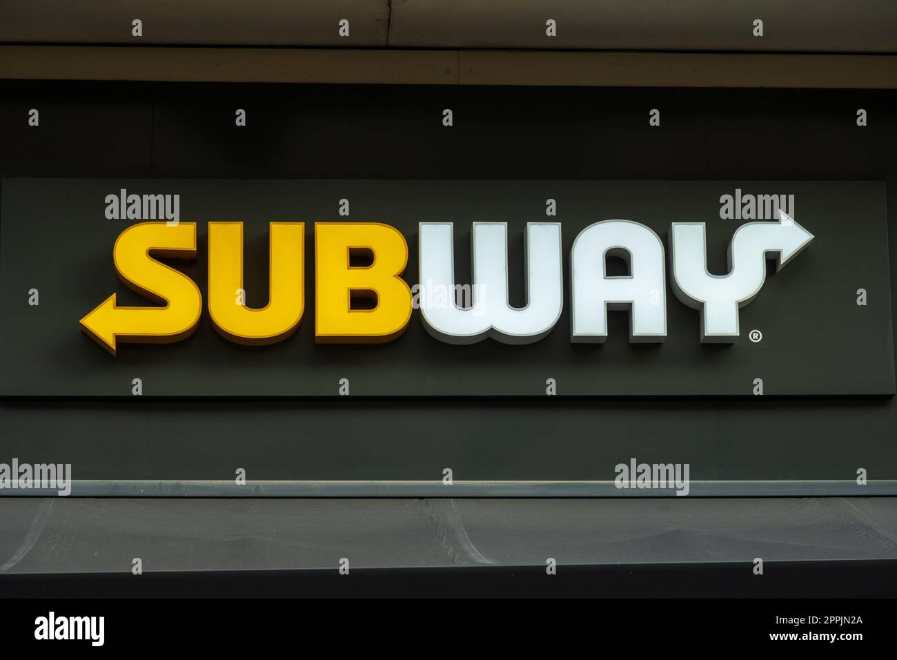 Subway sign, American fast food restaurant logo Stock Photo