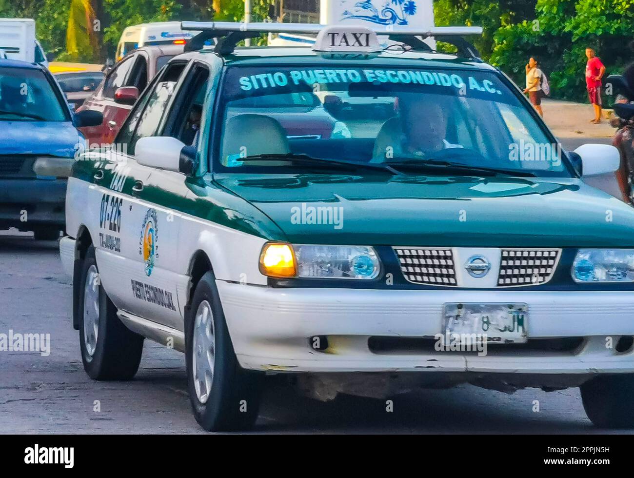 Green turquoise blue taxi cab car in Puerto Escondido Mexico. Stock Photo