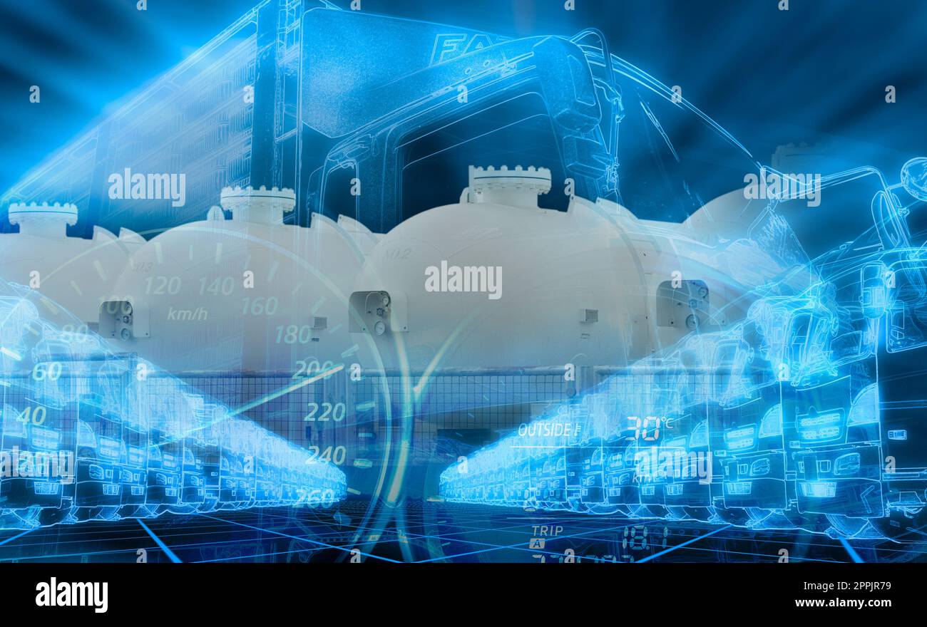 Electric truck with H2 fuel storage tank. Blue hydrogen concept