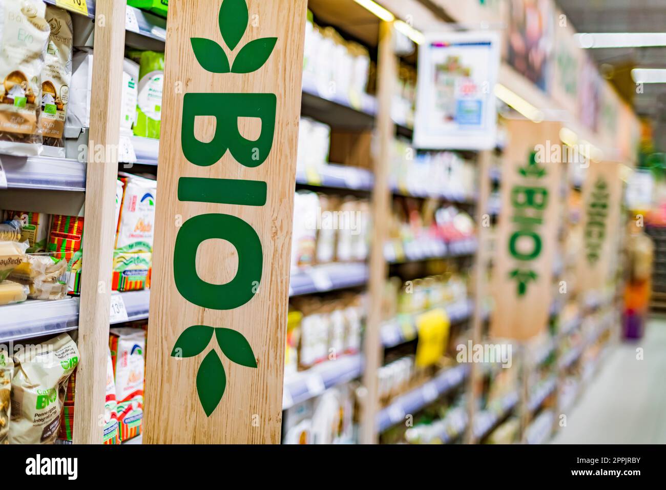 Bio food products in a supermarket Stock Photo Alamy