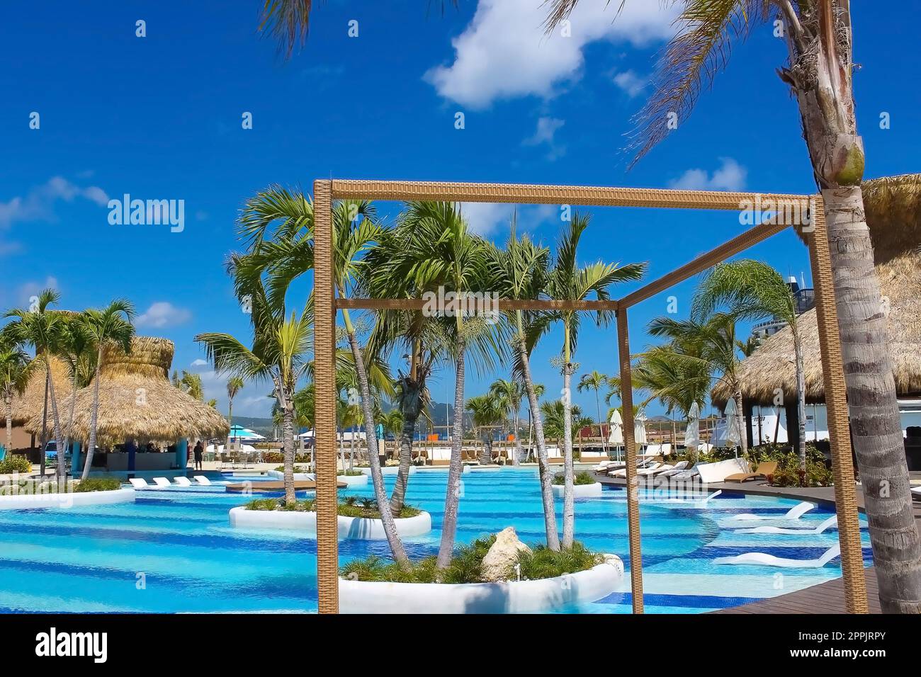 Pool near shops at cruise port Taino Bay in Puerto Plata, Dominican Republic. Stock Photo