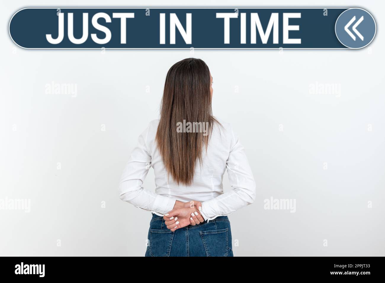 Handwriting text Just In Time. Word Written on Arriving exactly at hour required Punctuality Responsibility Stock Photo