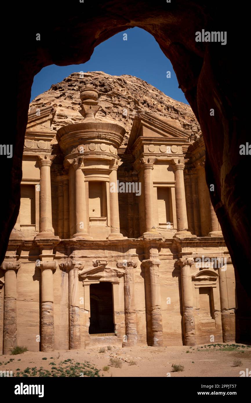 Vertical cave view on the Monastery (ad deir) in Petra, Jordan. Stock Photo