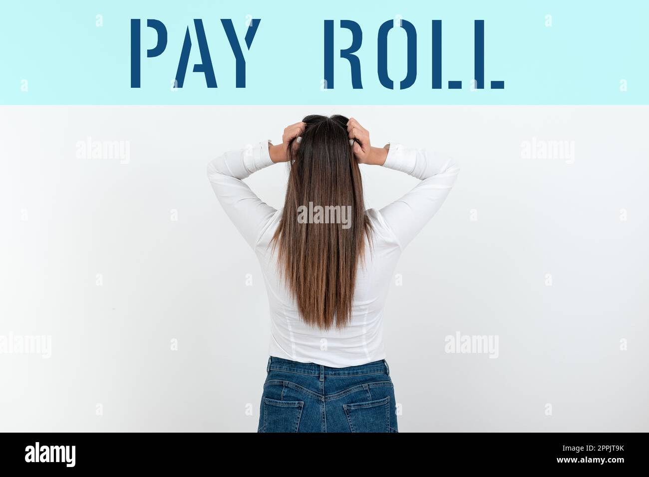 Conceptual caption Pay Roll. Business showcase Amount of wages and salaries paid by a company to its employees Stock Photo