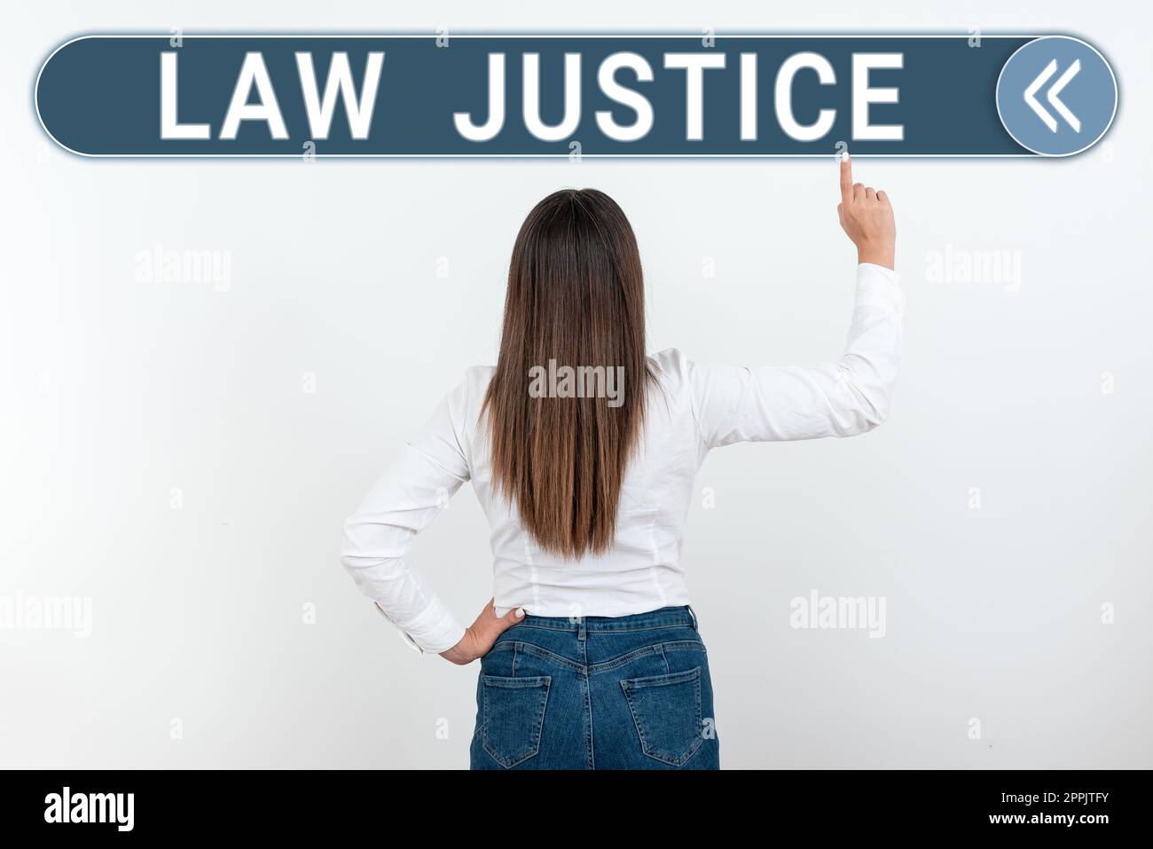 Conceptual caption Law Justice. Business idea a scheme or system of law in which every person receives Stock Photo