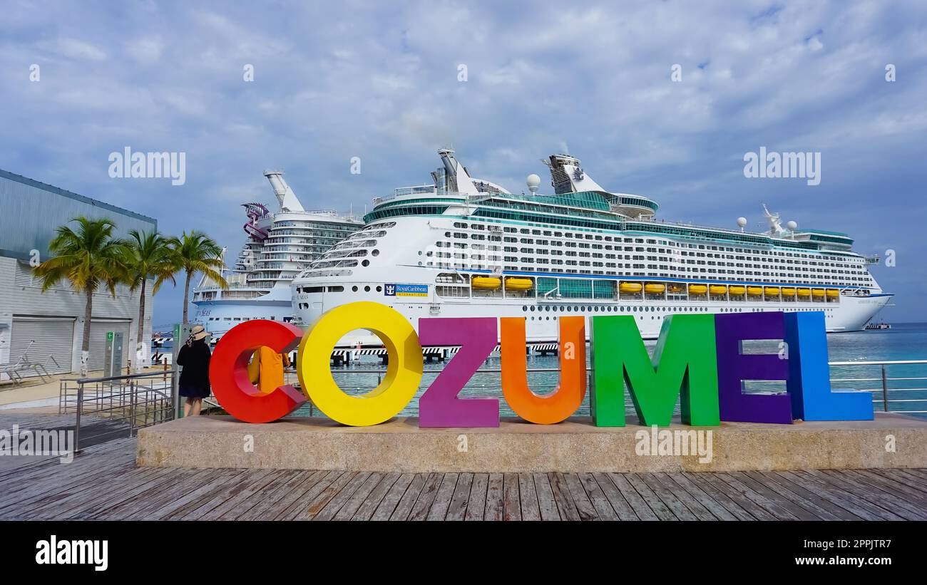 Royal Carribean cruise ships docked in the Cozumel port during one of