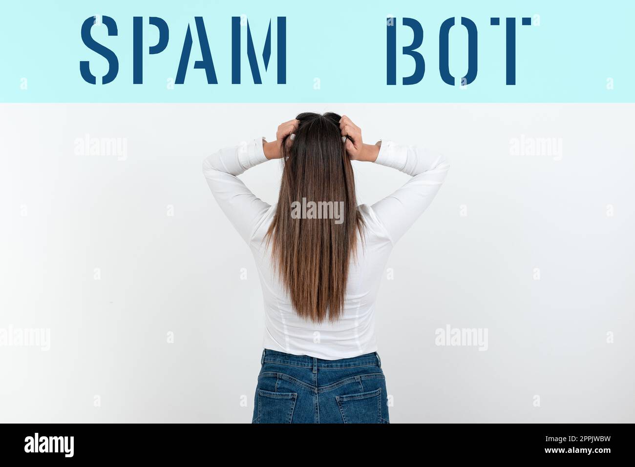 Hand writing sign Spam Bot. Word for autonomous program on the Internet that sends spam to users Stock Photo