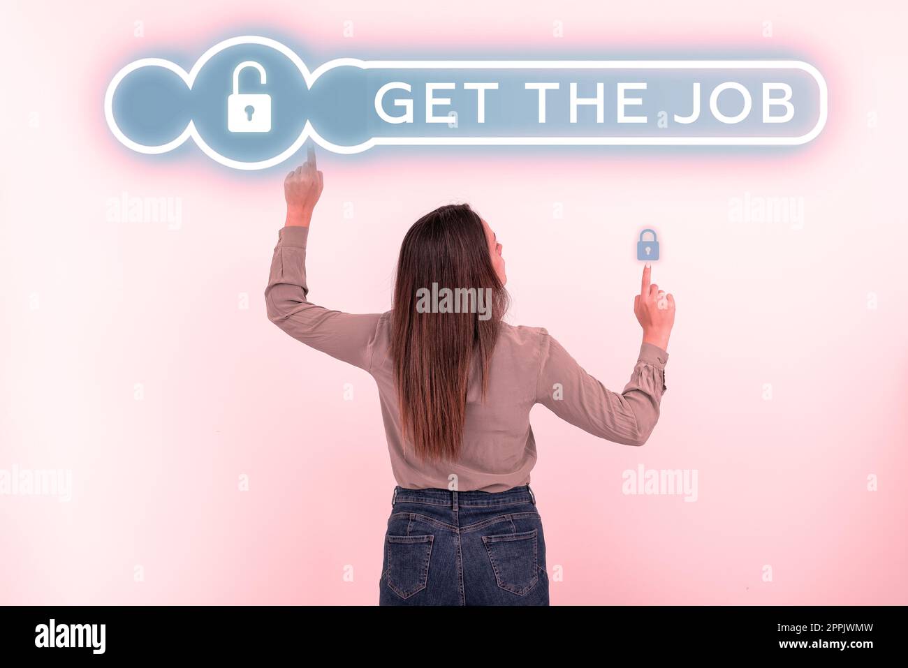 Text sign showing Get The Job. Word Written on Obtain position employment work Headhunting recruiting Stock Photo