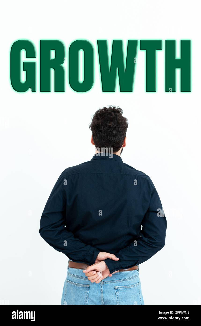 Text caption presenting Growth. Business overview process of increasing in size or juice Getting older Ageing Stock Photo