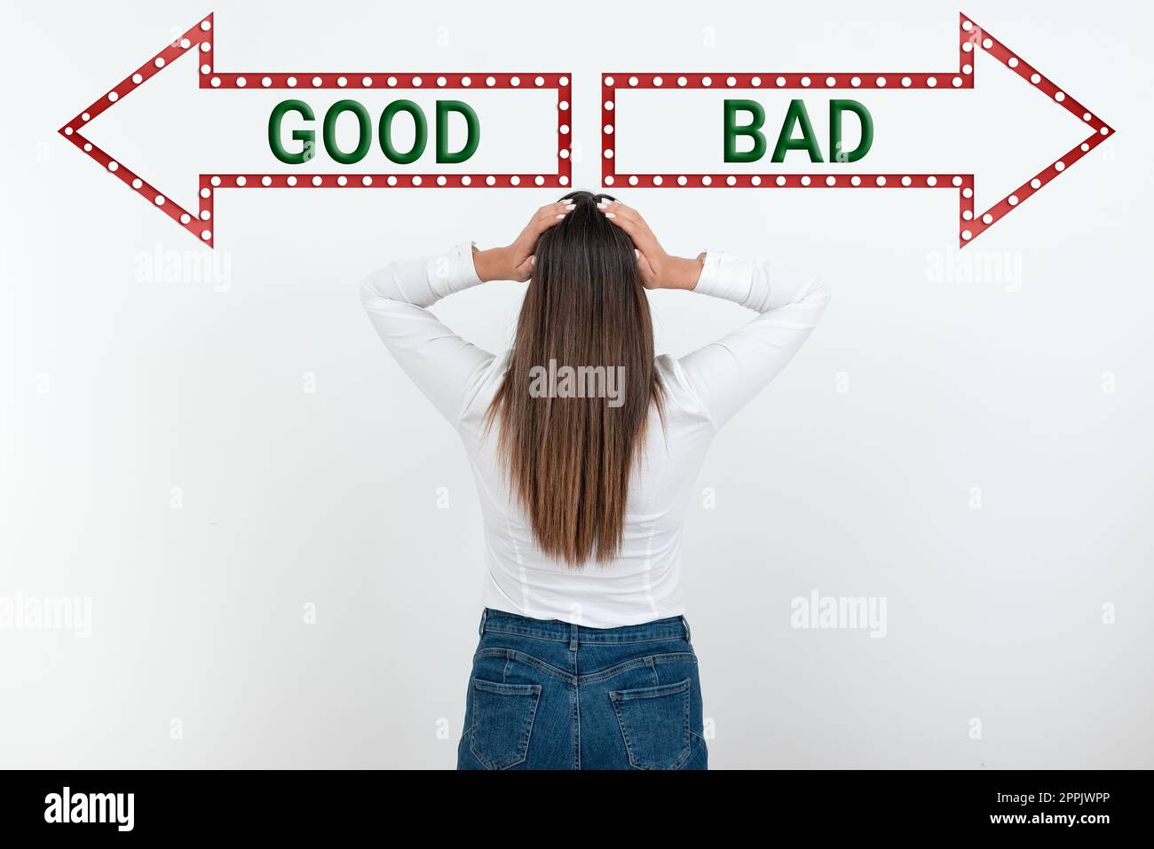 Conceptual caption Good Bad. Business idea to seem to be going to have a good or bad result Life choices Stock Photo