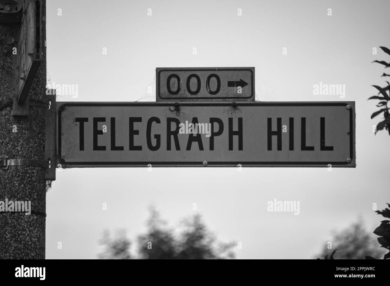 Street sign of Telegraph Hill in San Francisco, California United States in black and white Stock Photo