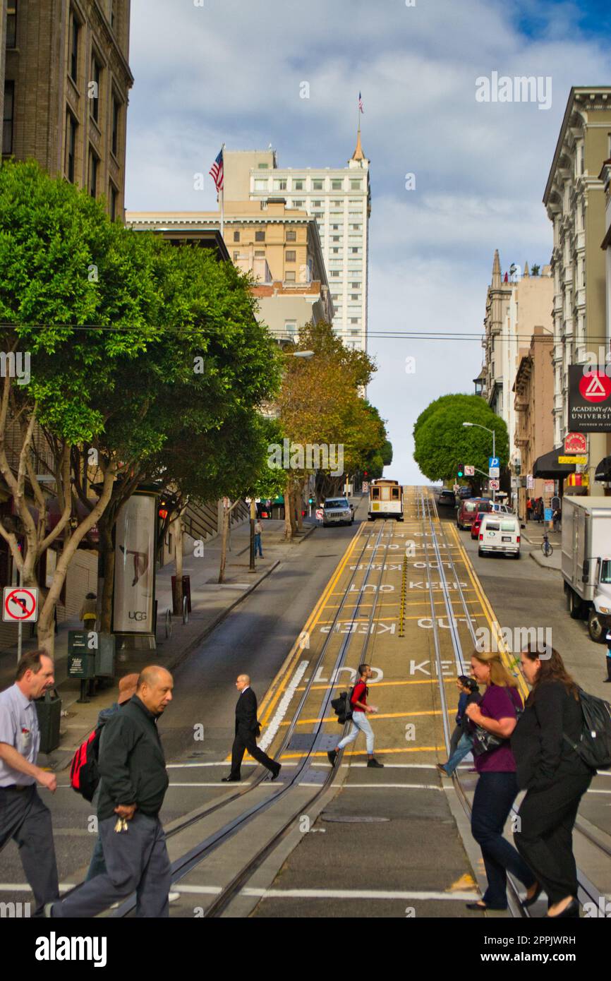 Street view on historical cable car tracks in San Francisco, California, United States Stock Photo