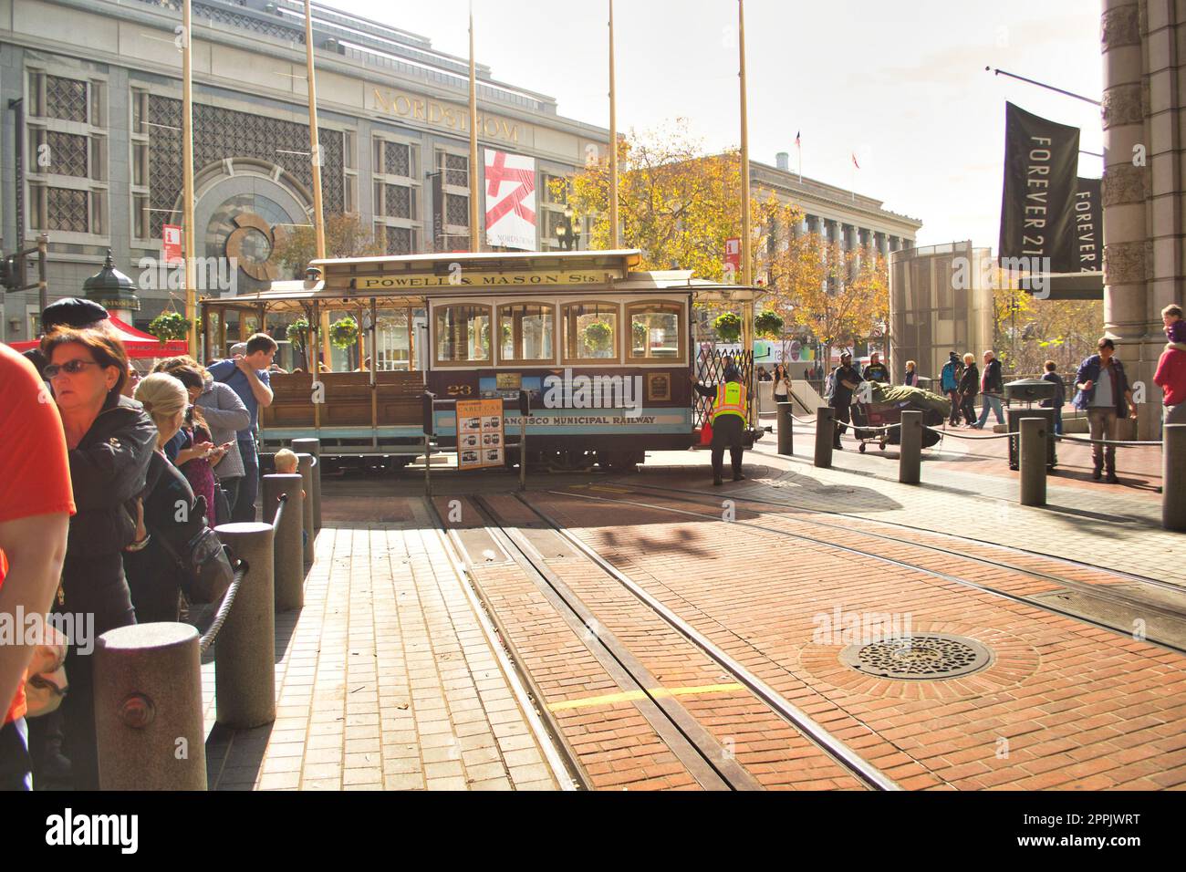 Street view on historical cable car tracks in San Francisco, California, United States Stock Photo