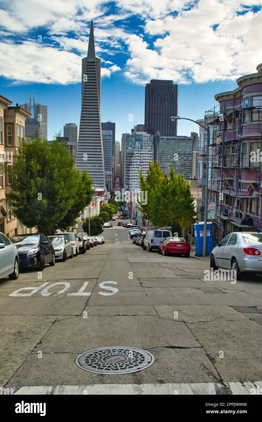 San Francisco street view looking at downtown district with skyscrapers Stock Photo Alamy