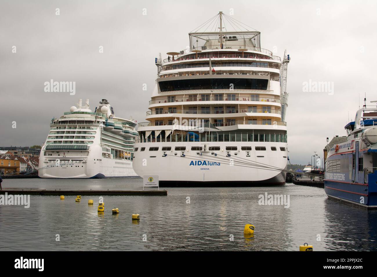 two big cruise ships, wherof the Aida Luna from Genova in the harbor of Stanvanger, Norway Stock Photo