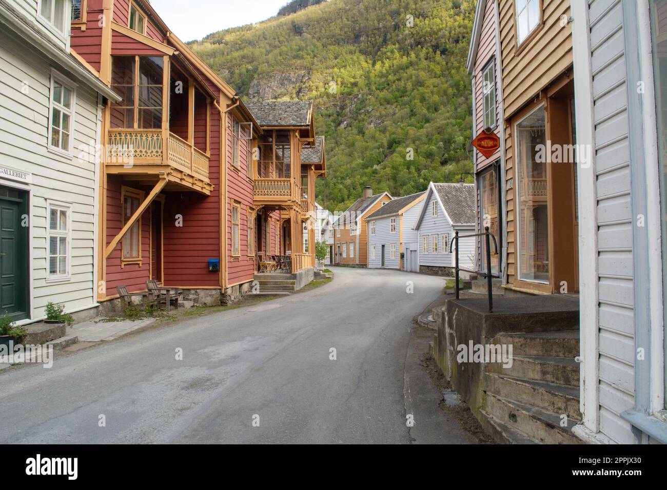 Street scene with typical and historical houses of Laerdal or Laerdalsoyri in Norway Stock Photo