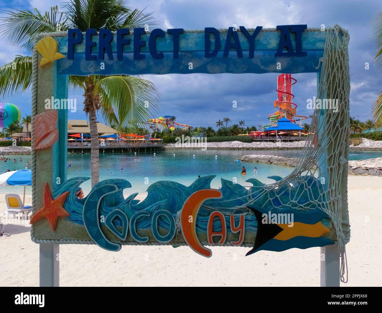 Coco Cay, Bahamas April 29, 2022 The sign of Cococay, the