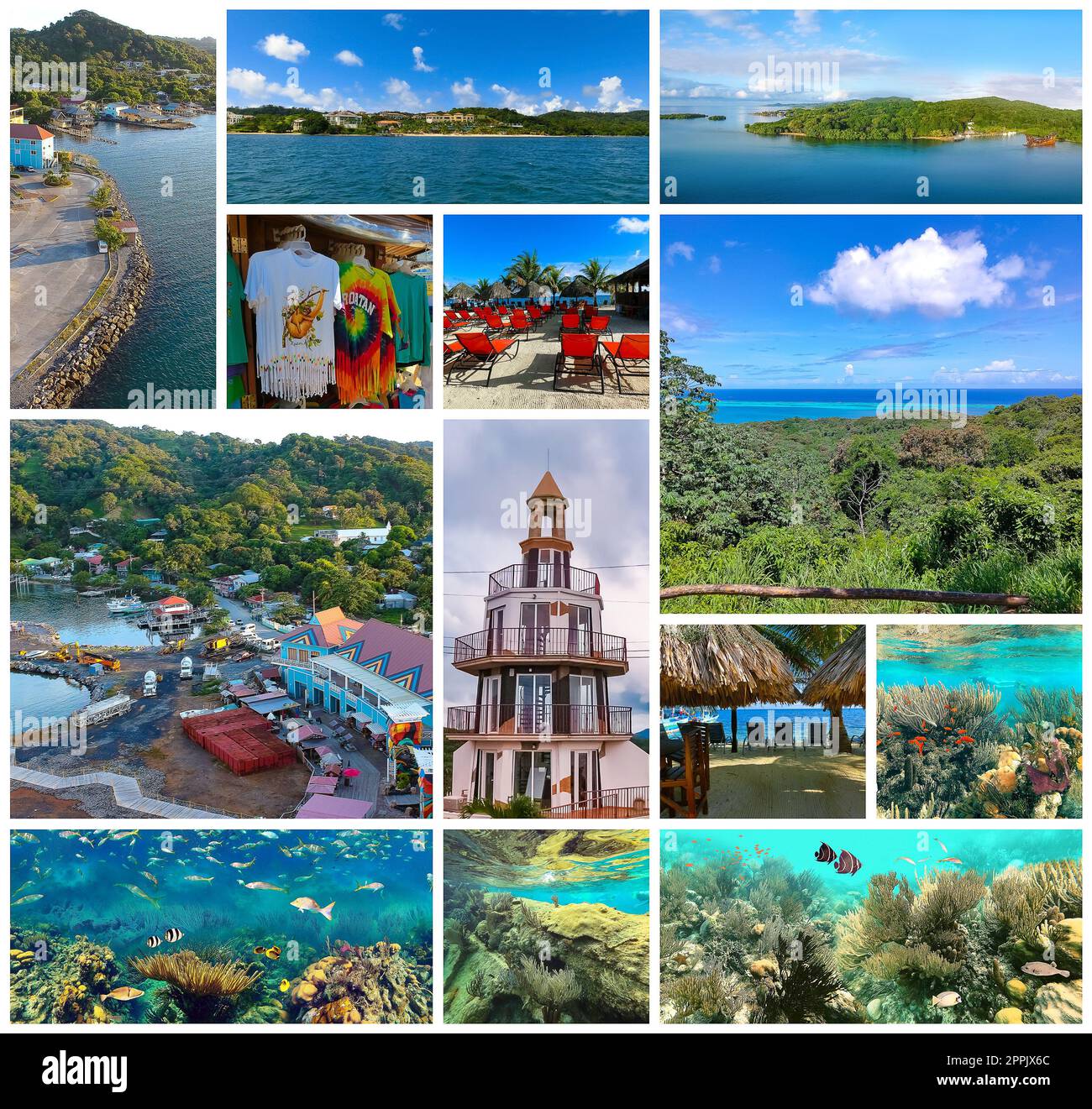 Collage about Roatan, Honduras - Top view of port and town center of Coxen hole, snorkeling underwater and fishing tour by boat at the Caribbean Sea Stock Photo
