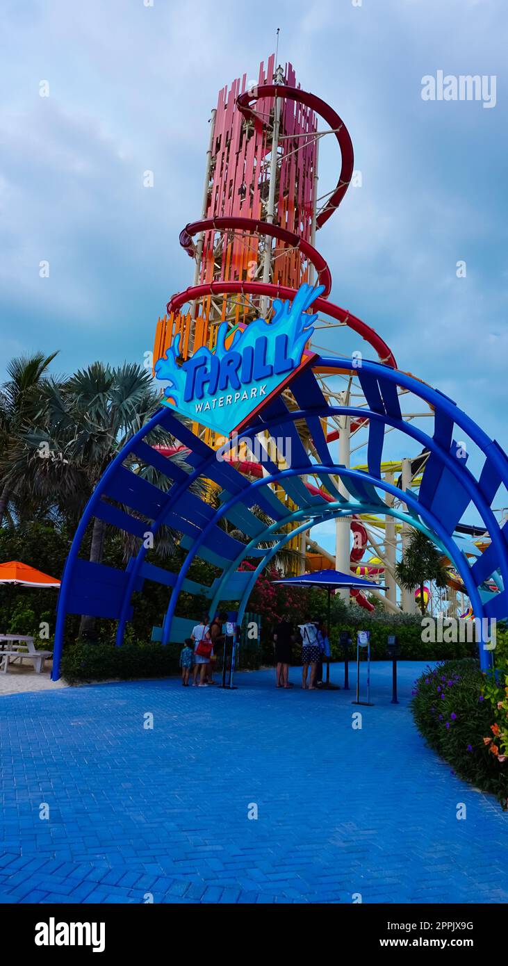 Coco Cay, Bahamas April 29, 2022 People having fun at aquapark at