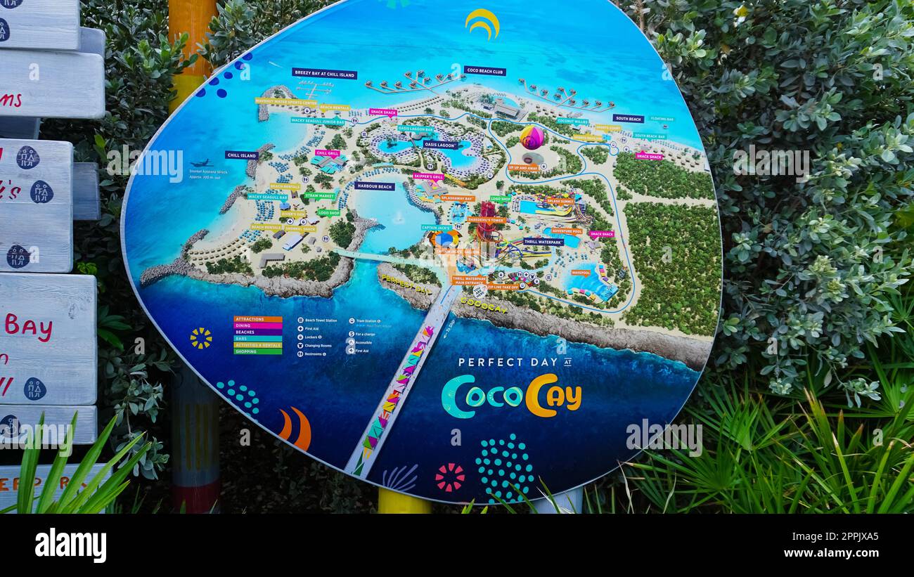 Coco Cay, Bahamas April 29, 2022 The sign or map of Cococay, the island at Bahamas