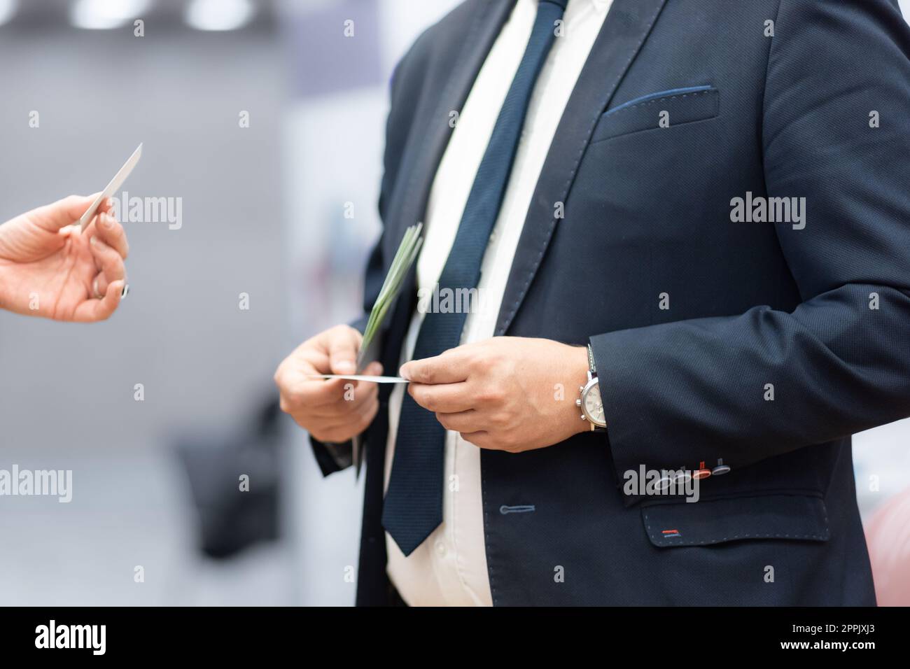 Business people exchanging business card on business meeting, Business discussion talking deal concept Stock Photo