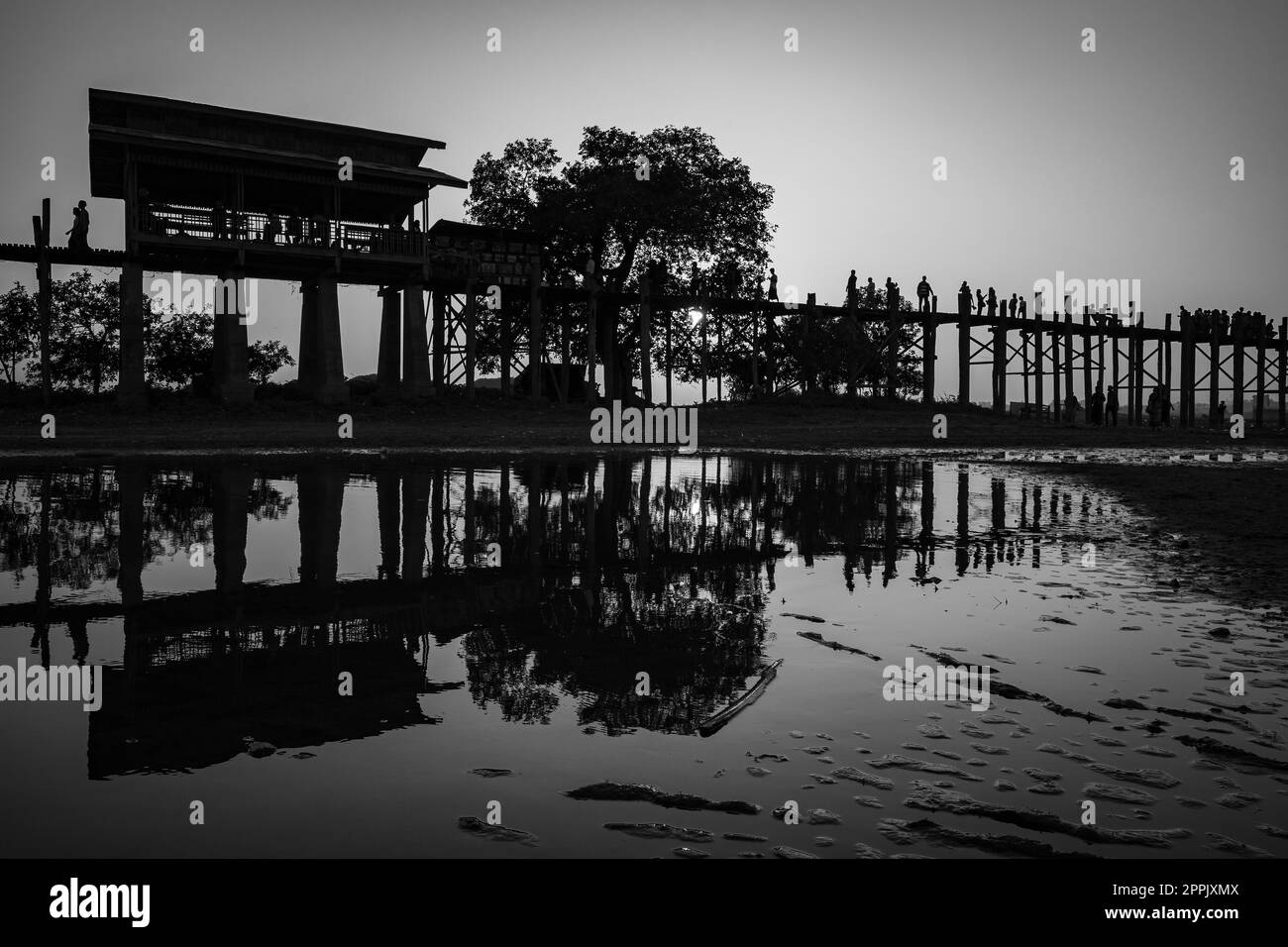 The U Bein Bridge at sunset in Mandalay Myanmar Stock Photo