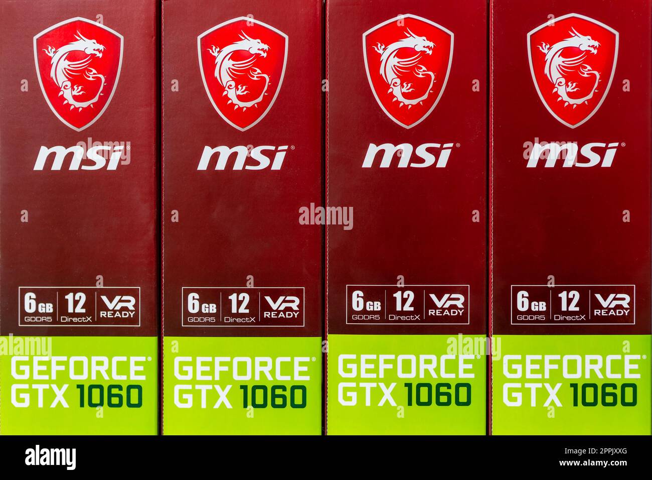 Kyiv, Ukraine - 27 January 2022: Four packages in a row Nvidia Geforce GTX 1060 graphics illustrative editorial. Components for a personal computer - boxes MSI Gaming video cards on a store counter. Stock Photo