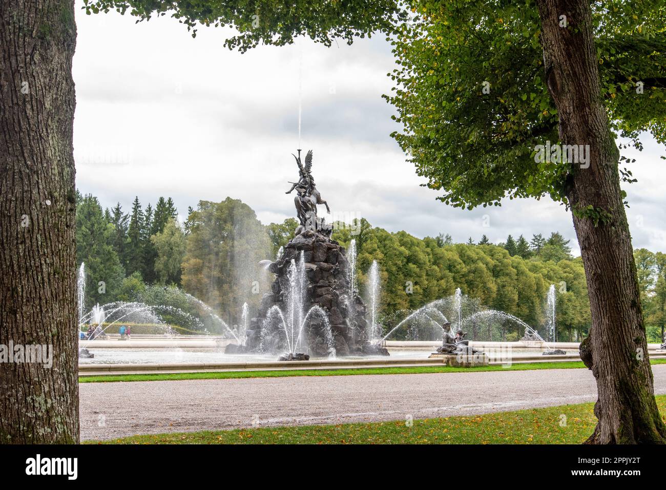 Main Fountain in the Palace Garden of Herrenchiemsee in Chiemsee Stock