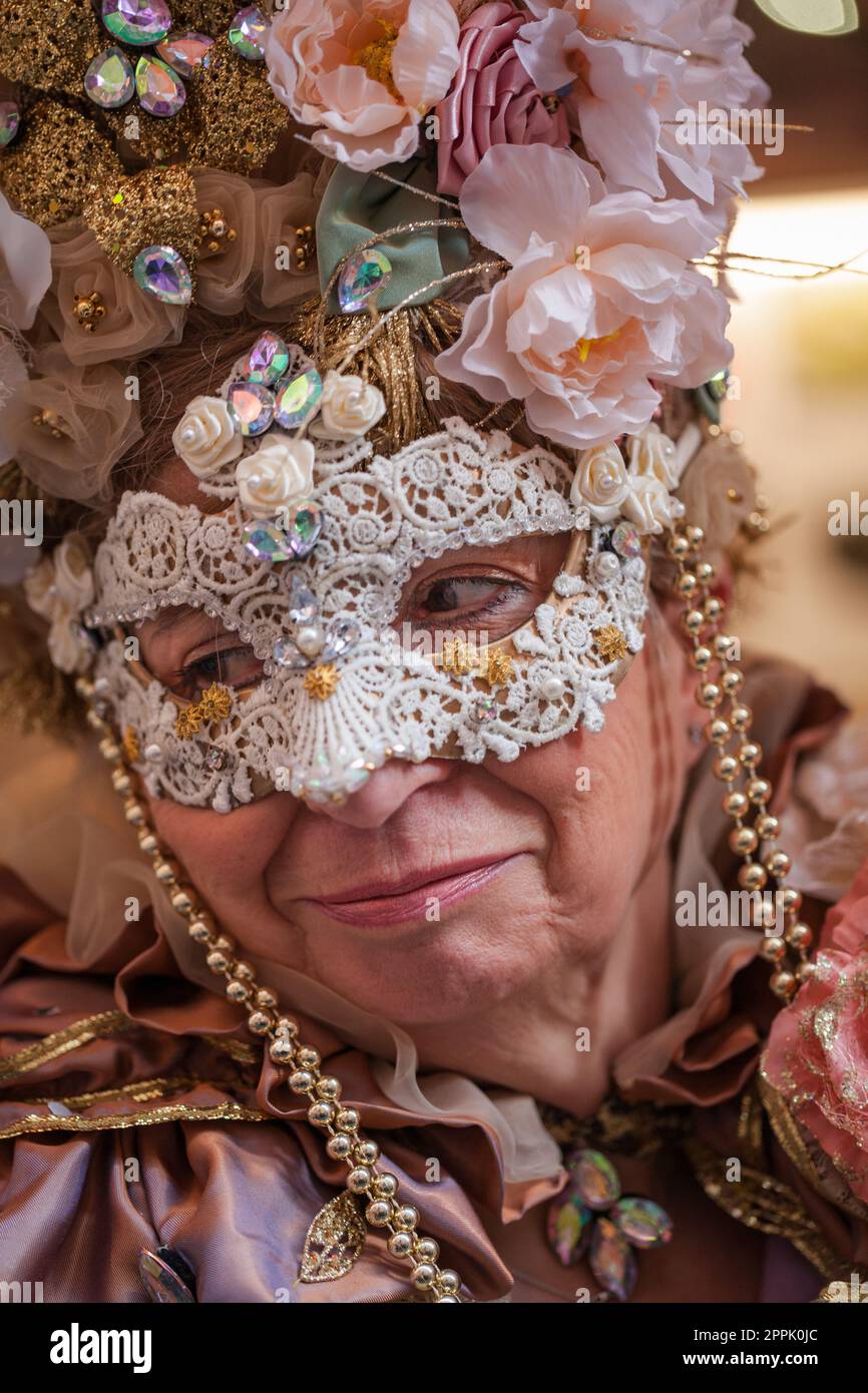 Venice, Italy - February, 2019: Carnival of Venice, typical Italian tradition and festivity with masks in Veneto. Stock Photo
