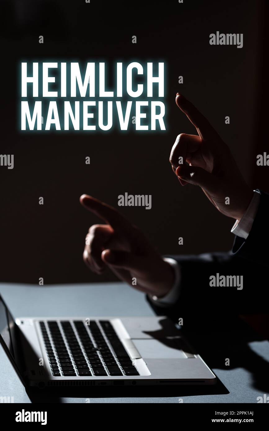 Writing displaying text Heimlich Maneuver. Concept meaning application of upward pressure in case of choking Stock Photo
